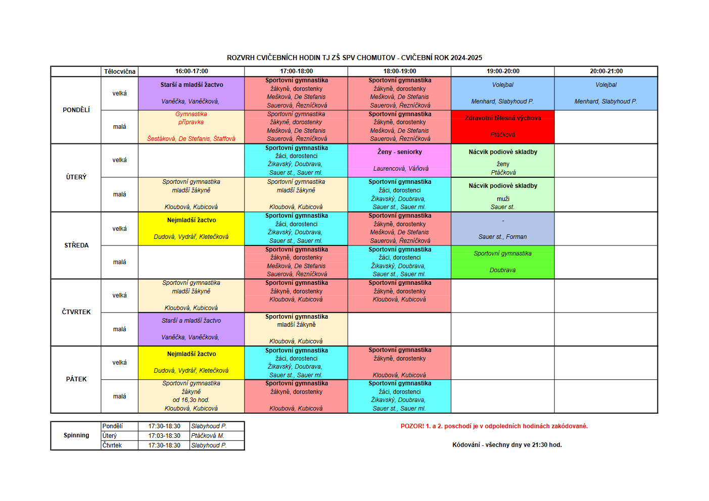 Rozvrh cvičebních hodin pro  rok 2024 – 2025